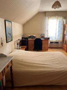een slaapkamer met een groot bed en een bureau bij Gazonfier in Le Mans