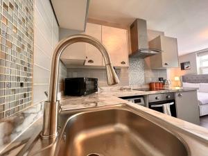 uma cozinha com um lavatório de aço inoxidável numa cozinha em Lovely Studio close to Brighton Station em Brighton & Hove