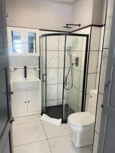 a bathroom with a shower and a toilet and a sink at Lovely Studio close to Brighton Station in Brighton & Hove