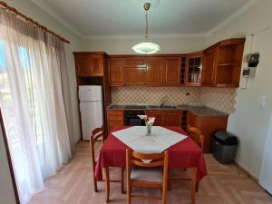 Zigos Apartments في إيغومينيتسا: مطبخ مع طاولة عليها إناء من الزهور