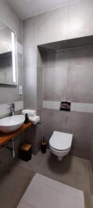 La salle de bains est pourvue de toilettes et d'un lavabo. dans l'établissement Apartament Tango, à Cracovie