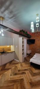 a large room with a kitchen and a sink at Apartament Tango in Krakow