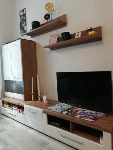 sala de estar con TV de pantalla plana grande en Hanna apartman, en Szeged