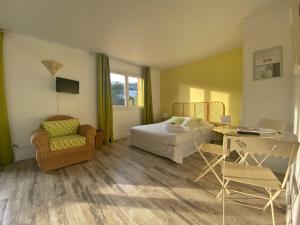 ein Schlafzimmer mit einem Bett, einem Schreibtisch und einem Stuhl in der Unterkunft Hôtel Les Calanques in Les Issambres