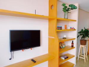 a television mounted on a wall with wooden shelves at Studio Aurora - Recife in Recife +9 photos