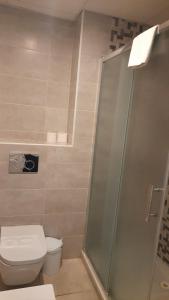 y baño con aseo y ducha acristalada. en Sal Mar Suites, en Santa Eulària des Riu