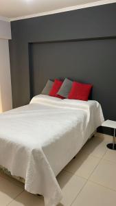 een slaapkamer met een wit bed met rode kussens bij Avenida Belgrano in Salta