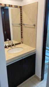 een badkamer met een wastafel en een spiegel bij Avenida Belgrano in Salta