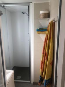 ein Bad mit einer Dusche und einem an der Tür hängenden Handtuch in der Unterkunft Camping Paradis Le Grand' R in La Faute-sur-Mer