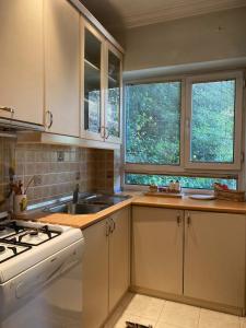 a kitchen with white cabinets and a sink and two windows at Stunning Sea View and Central Location, 2BR in Istanbul