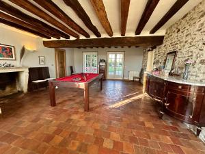 a room with a pool table and a brick wall at Le domaine de Jade in Châtillon-la-Borde