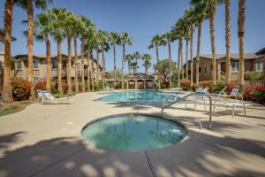 a swimming pool with chairs and palm trees at Las Vegas Condo Rental with Pool Access! in Las Vegas