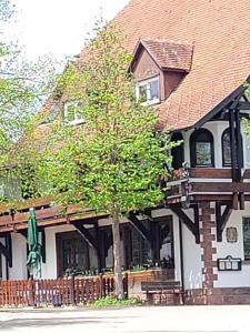dom z drzewem przed nim w obiekcie Kräuterhex' Reutin w mieście Alpirsbach