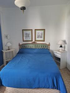 1 dormitorio con 1 cama azul y 2 mesitas de noche en El cerezo en Tandil