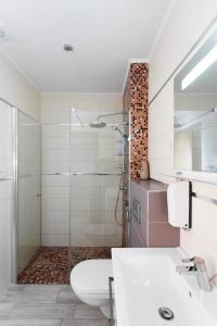 a bathroom with a shower and a toilet and a sink at Altezza Premium Tophill best view and pool in Budva