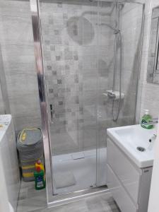 una ducha con una puerta de cristal junto a un lavabo en Bee Happy Apartament Wrzesnia, en Września