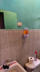 a bathroom with a sink and a toilet and a mirror at Ramaye Beach House in Paquera