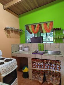 a kitchen with a stove and a green wall at Ramaye Beach House in Paquera