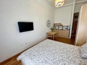 1 dormitorio con 1 cama y TV en la pared en Apartments 4 Karla, en Zagreb