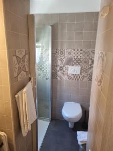 La salle de bains est pourvue d'une douche et de toilettes. dans l'établissement Dimora Sasi Locazione Turistica, à Polignano a Mare