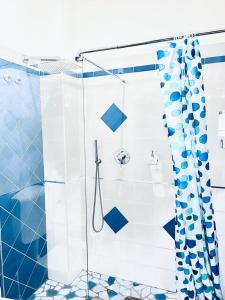 ein Bad mit einer Dusche mit blauen und weißen Fliesen in der Unterkunft Relax nel Centro Storico in San Nicola Arcella