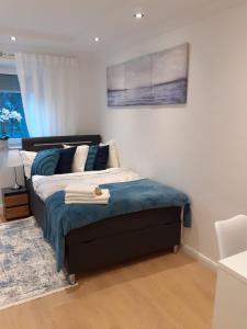 a bedroom with a bed with blue pillows at NEW - Apartment Kameni Confort Wifi Munich Airport Family in Neufahrn bei Freising