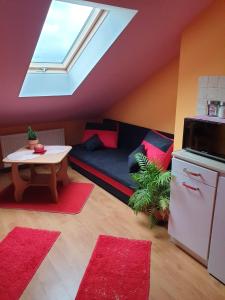 a living room with a couch and a skylight at Agroturystyka Świerki in Lubawka