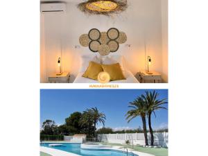 ein Hotelzimmer mit Bett und Swimmingpool in der Unterkunft Eonia Marinas-Dúplex con porche en primera línea! in Vera