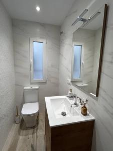 La salle de bains est pourvue d'un lavabo, de toilettes et d'un miroir. dans l'établissement ACENI, à Ciudad Real