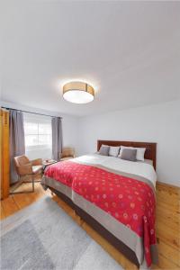 a bedroom with a large bed with a red blanket at Arlberghaus Rocks in Flirsch