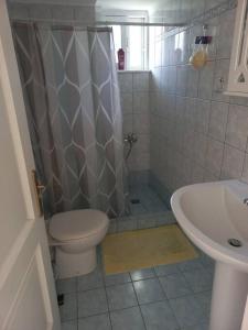 a bathroom with a shower and a toilet and a sink at Stefkas apartment1 in Patra