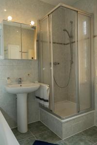 a bathroom with a shower and a sink and a shower at Ferienwohnung Otto in Klingenthal