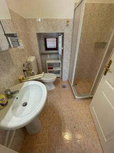 a bathroom with a sink and a toilet and a shower at Hiša Pod Slavnikom in Podgorje