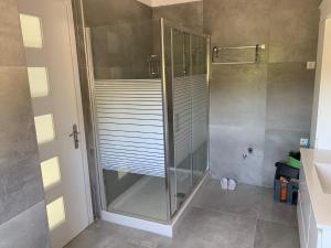 a shower with a glass door in a bathroom at LIVAS Almyri seafront flat in Káto Almirí
