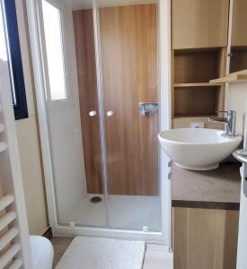 a bathroom with a glass shower and a sink at Bright cocoon with pool and sea view in Saint-Raphaël
