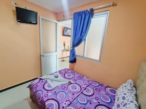 比亞維森西奧的住宿－Hotel El Paisano，一间小卧室,配有紫色的床和窗户