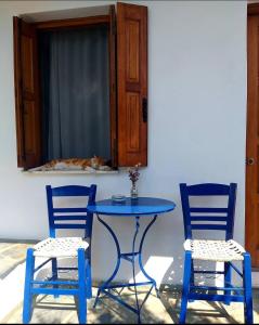 スキロスにあるMavrikou Helen Apartmentsの青いテーブル(椅子2脚付)と猫が窓に寝そべる