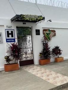 ein Hotel mit Topfpflanzen vor einer Tür in der Unterkunft Kalathea Casa in Tocaima