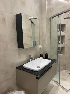 a bathroom with a sink and a glass shower at Ivi's apartment sea view in Vlorë