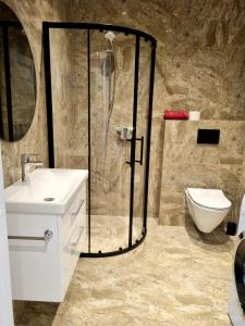 y baño con ducha, lavabo y aseo. en Luxury apartments Laisvės avenue view en Kaunas