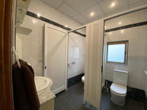 La salle de bains est pourvue de toilettes, d'un lavabo et d'une douche. dans l'établissement Juliet housing, à Il-Gżira