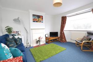 a living room with a blue couch and a green rug at Wolsey Road, North Oxford in Oxford