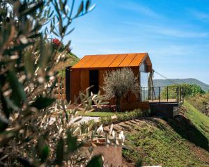 una pequeña casa de madera en la cima de una colina en Wine Paradise - Glamping resort, en Marezige
