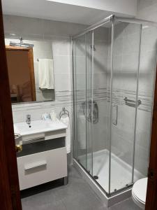 a bathroom with a shower and a sink at Hotel Plaza Damasco in Almuñécar