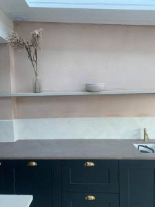a kitchen with a counter with a sink and a shelf at sea side cottage near beach in West Wittering +24 photos