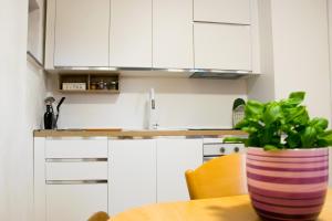 OLIVE TREE private room in home في ميرات: مطبخ فيه دواليب بيضاء وزرع على طاولة