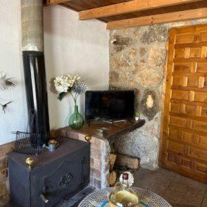 a room with a stone fireplace with a wood stove at Granja El Regajo in Valencia