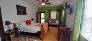 a bedroom with a bed and a couch in it at Amanda's Place Green Studio - pool and tropical garden in Caye Caulker