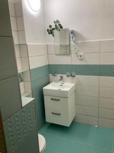 a bathroom with a sink and a mirror at Wellness penzion Harmonie Rohanov in Prachatice