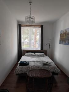 1 dormitorio con 1 cama, 1 silla y 1 ventana en Patyo Orosháza en Orosháza